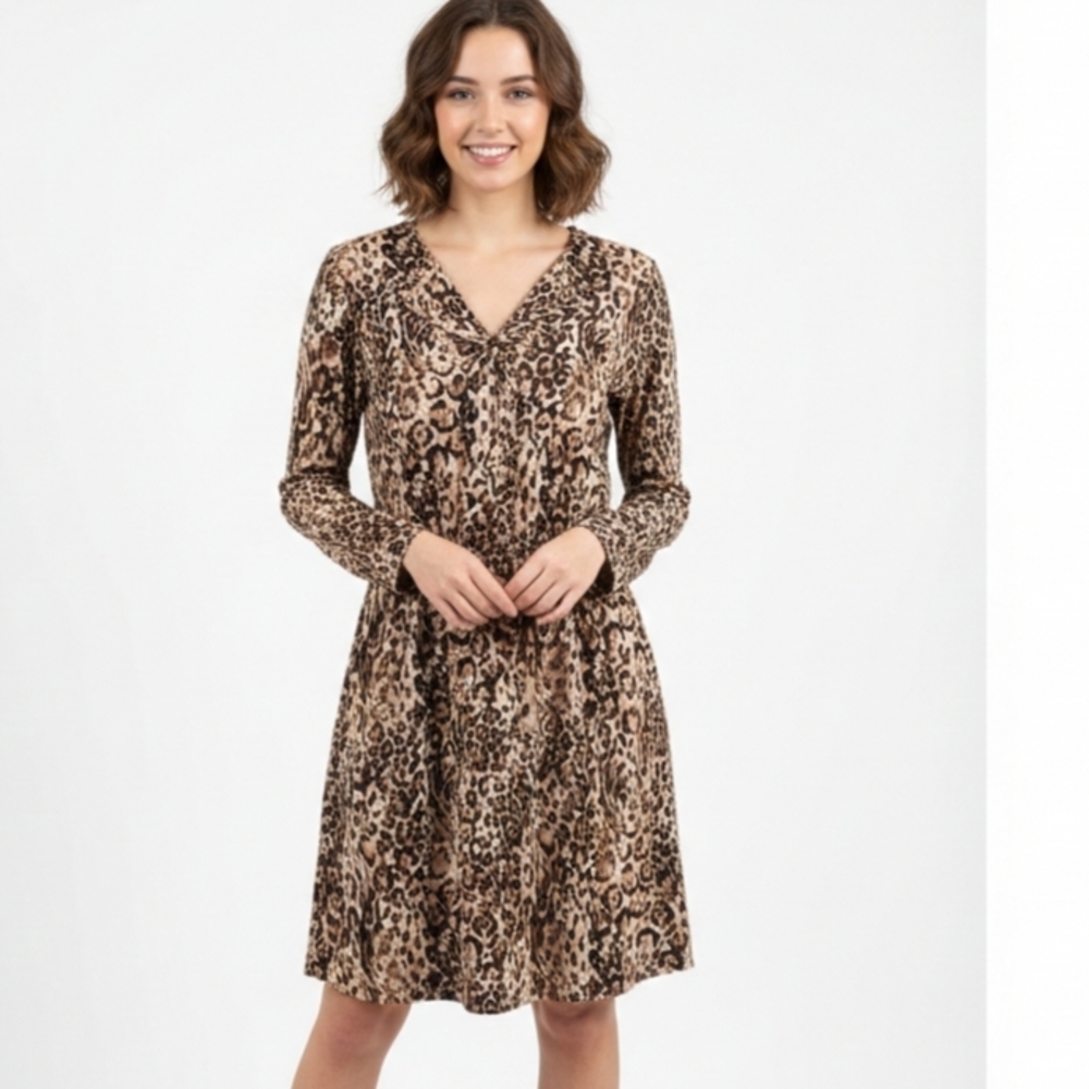 Merona Leopard Print V-Neck Tie Waist Dress Long Sleeve Large